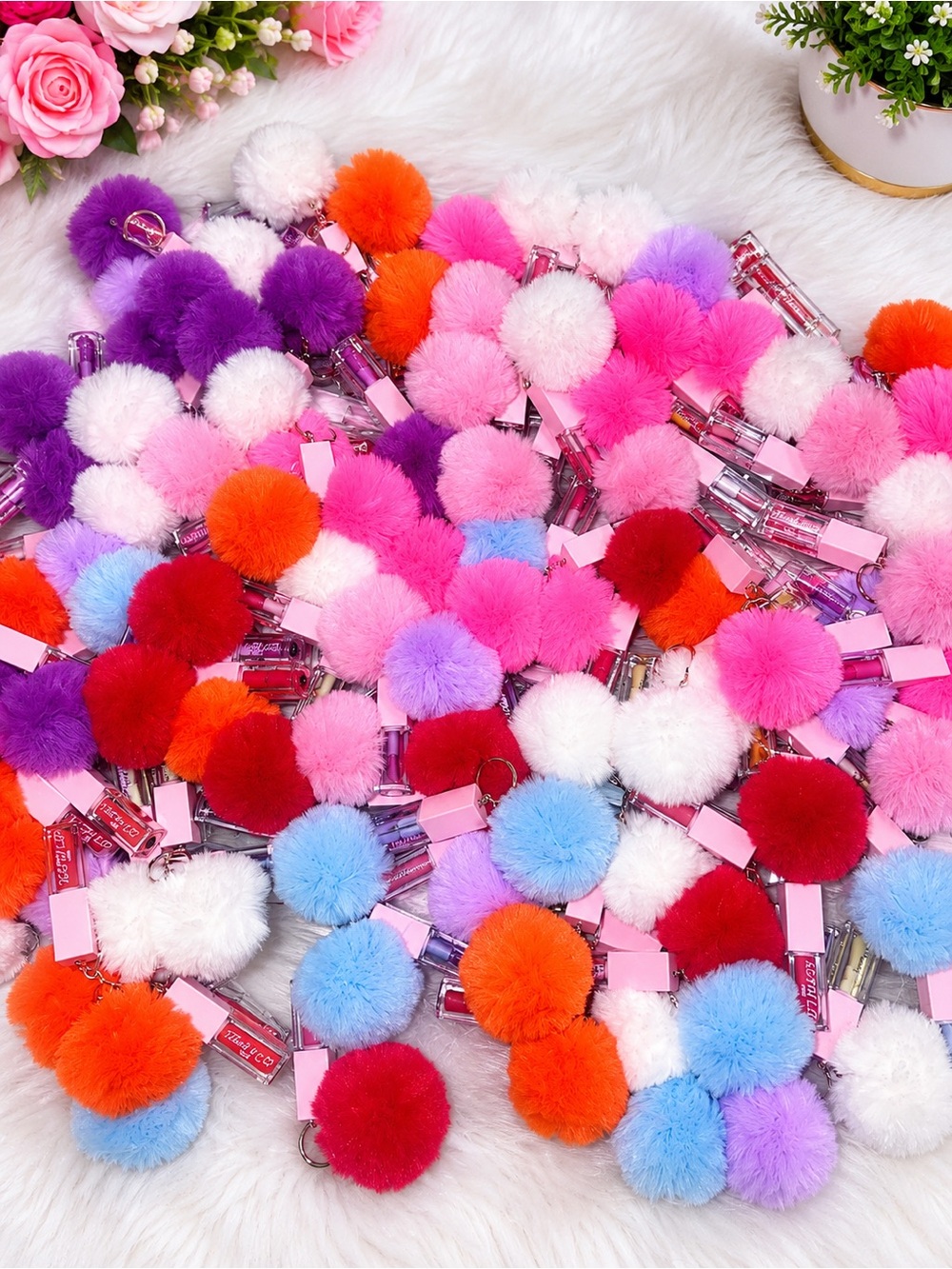 Plush Pom-Pom Keychain Assortment - Pink, Purple, Red, Orange, Blue, White